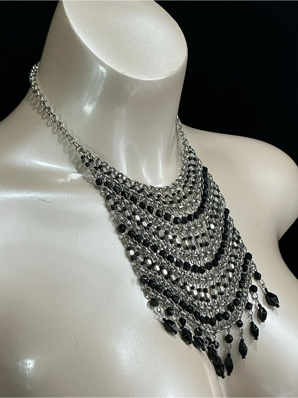 Elegant Black Beaded Chain Link Layered Fringe Statement Necklace Women Jewelry